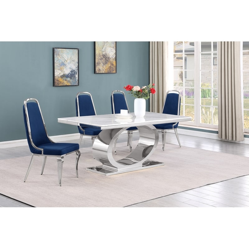 Best Quality Furniture D430/1-SC310-7 Dining Set with 68" White Marble Top - 5-Piece - Navy Blue / Silver