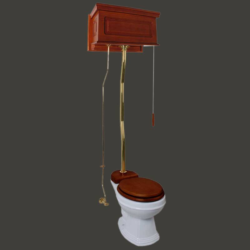 High Tank Toilet - Light Mahogany Raised Tank, White Elongated Bowl and Brass Z Pipe Renovators Supply