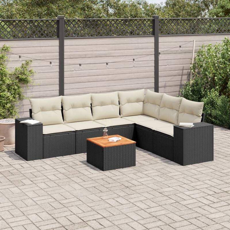 vidaXL Patio Sofa Set with Cushions Outdoor Furniture 7 Piece Poly Rattan - 21.7 x 21.7 x 14.6 in - Black and cream - form2