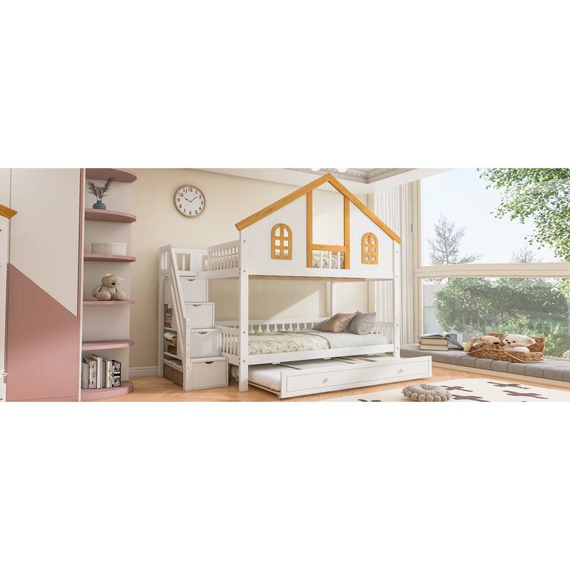 Roomfitters Twin Over Twin/Full Over Full House Bunk Bed with Trundle, Storage Staircase and Roof, White and Natural