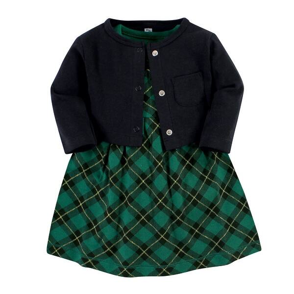 slide 1 of 1, Hudson Baby Girls Cotton Dress and Cardigan Set, Forest Green Plaid 2T - Forest Green Plaid