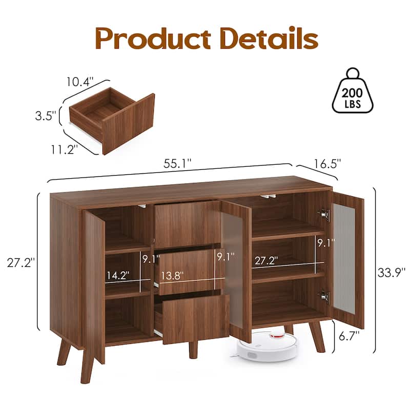 Farmhouse Buffet Cabinet, 55.5" Coffee Bar with 3 Drawers and Pop-Up Doors, Large Rustic Sideboard for Dining Room