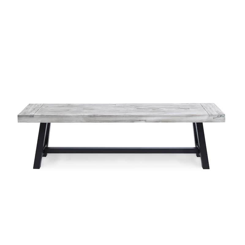 Light Grey Sandblast Finish Acacia Wood Dining Bench with Black Rustic Metal Finish Frame
