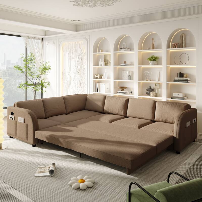 115" L-Shaped Sectional with Pull-Out Bed, USB Ports & Side Pockets, King Size Upholstered Bed