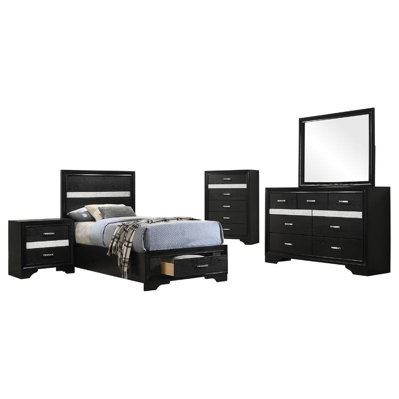 Vino Black 5 Piece Twin Bed Set with Storage, Dressers, Glitter Accent
