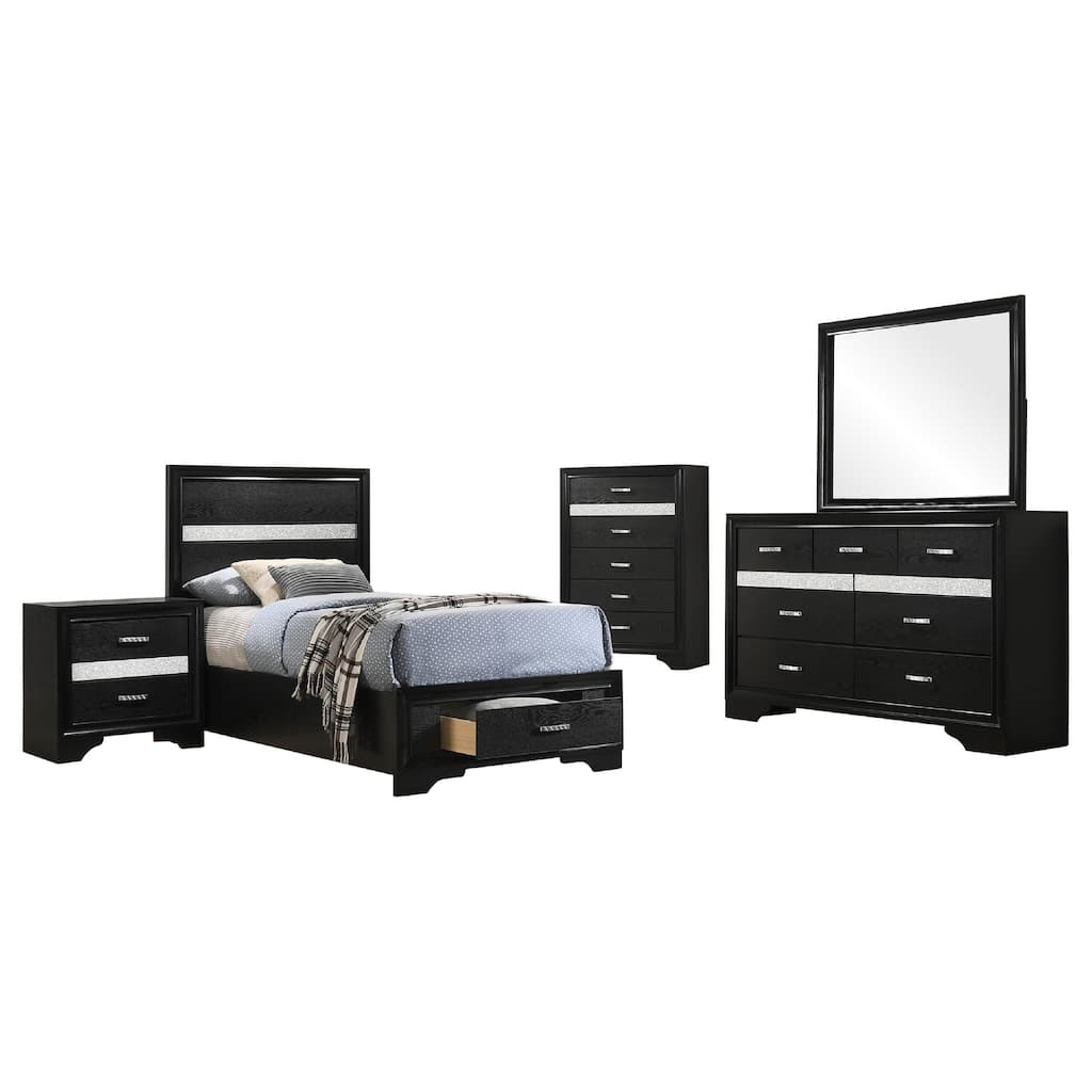 Vino Black 5 Piece Twin Bed Set with Storage, Dressers, Glitter Accent