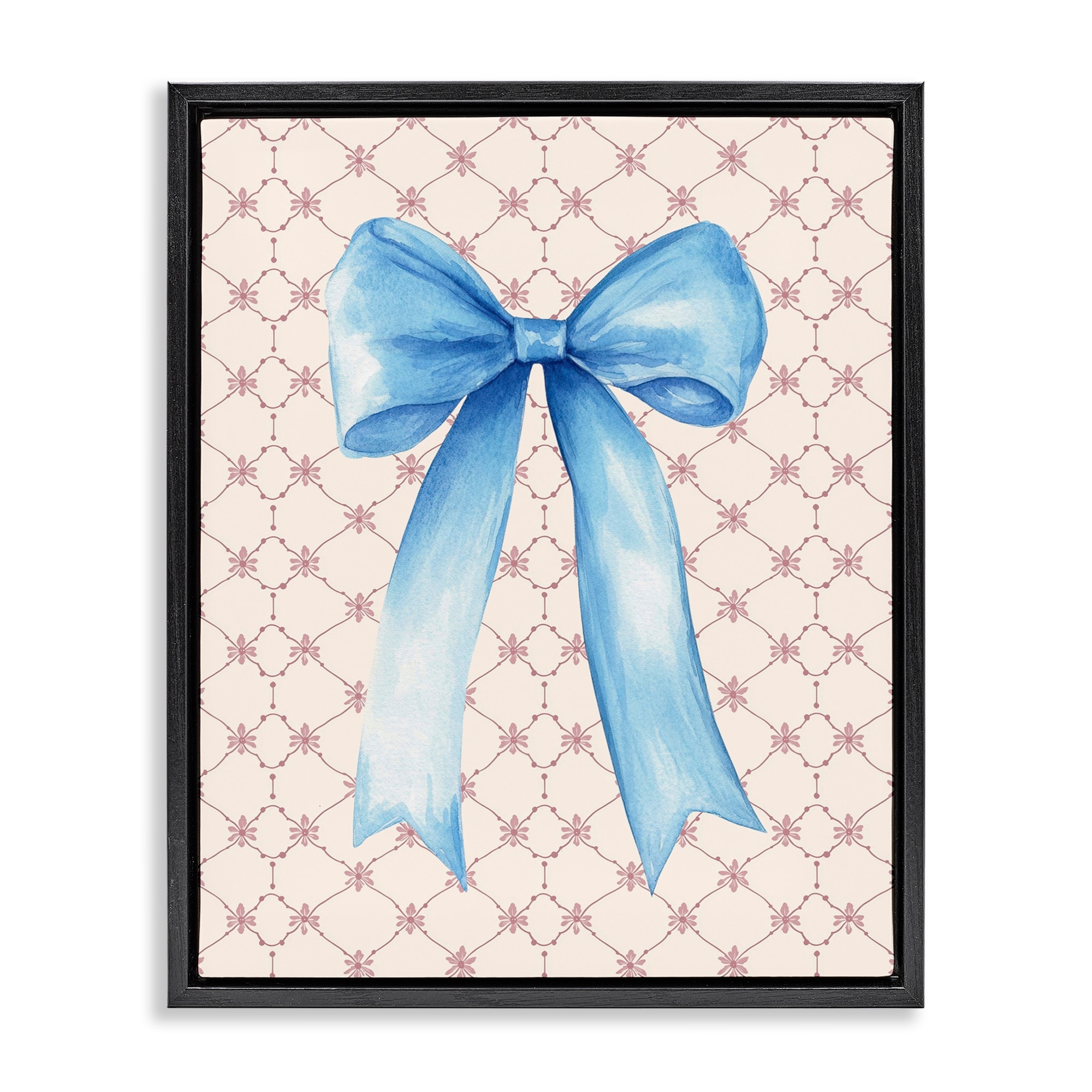 Stupell Blue Bow on Rose Quilt Pattern Framed Floater Canvas Wall Art Design By Petal Prints Design