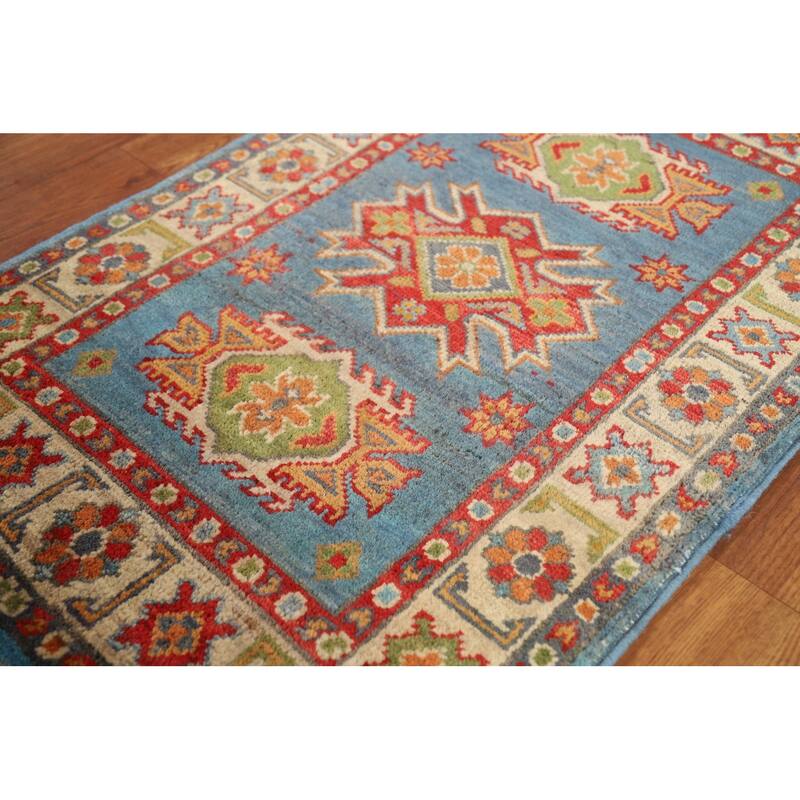 Blue Kazak Oriental Accent Rug Hand-Knotted Geometric Wool Carpet - 2'0" x 3'0"