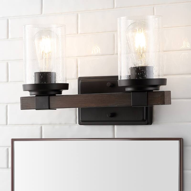 Ferme Iron/Seeded Glass Rustic Farmhouse LED Vanity Light, by JONATHAN Y - 2-Light