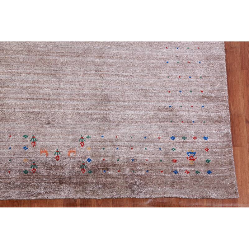 Hand Knotted Oriental Viscose Silk Carpet Tribal Stripe Brown Gabbeh Area Rug - 11' 8'' X 8' 11''