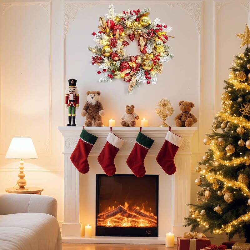 24 in Christmas Wreath with Lights, Snow Flocked Outdoor Christmas Wreaths for Front Door - N/A