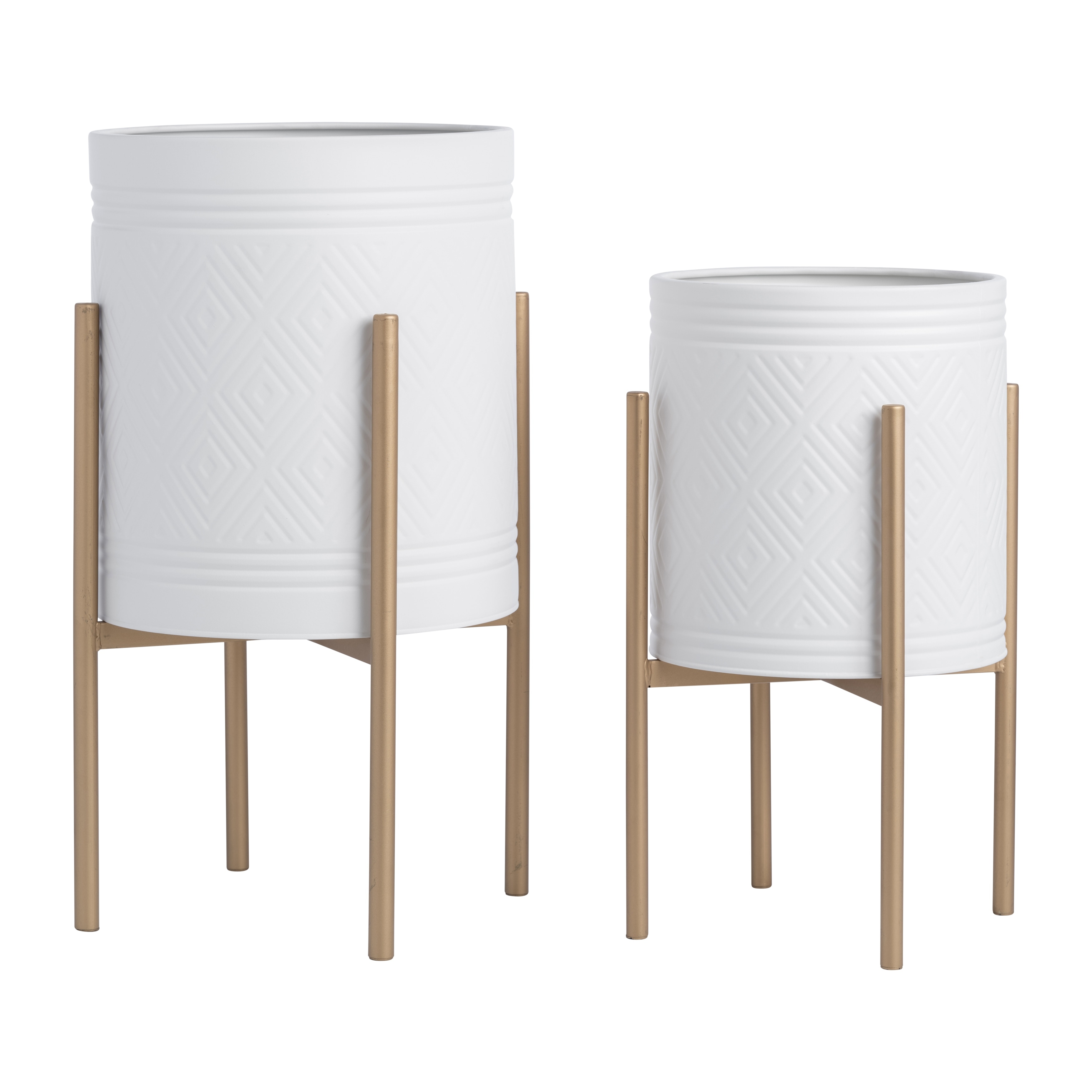 Indoor Outdoor Aztec Planters on Metal Stand, Set of 2, White and Gold, 14 L x 14 W x 23 H - 14" x 14" x 23"