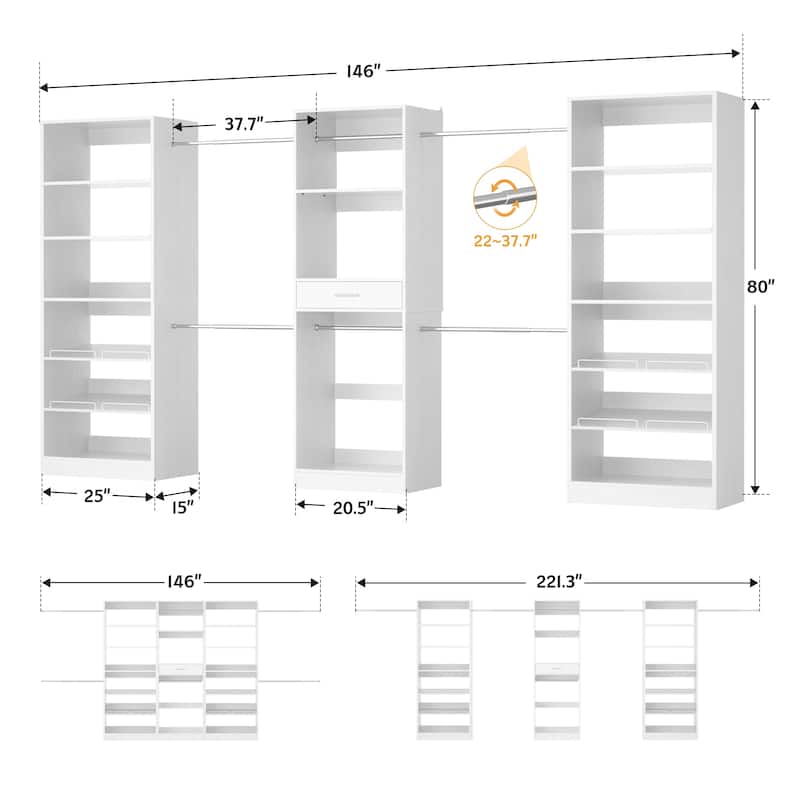 70'' - 221'' Set of 3 Closet System Organizer with Adjustable Hanging Rods, Shoe Racks, and Shelves