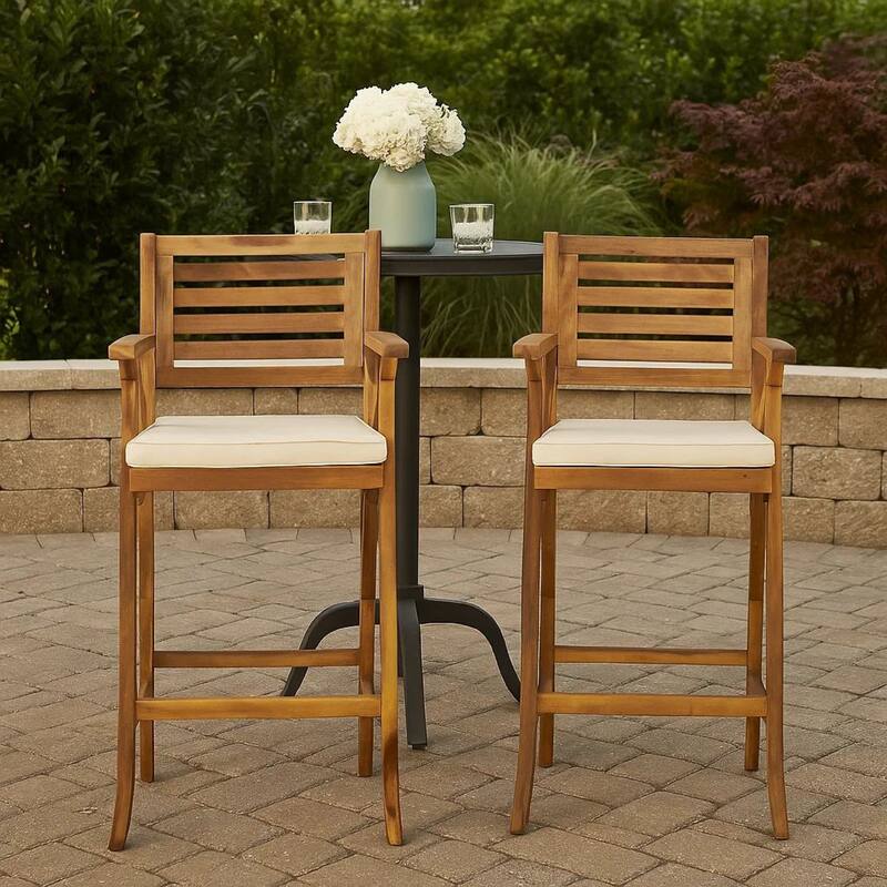Olen Outdoor Barstool Chair Set of 2, Beige Polyester Brown Solid Wood