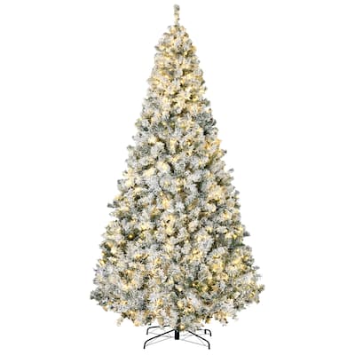 9FT Tall Auto Open Prelit Artificial Christmas Tree with 1868 Snow Flocked Branches & 600 Warm White LED Lights