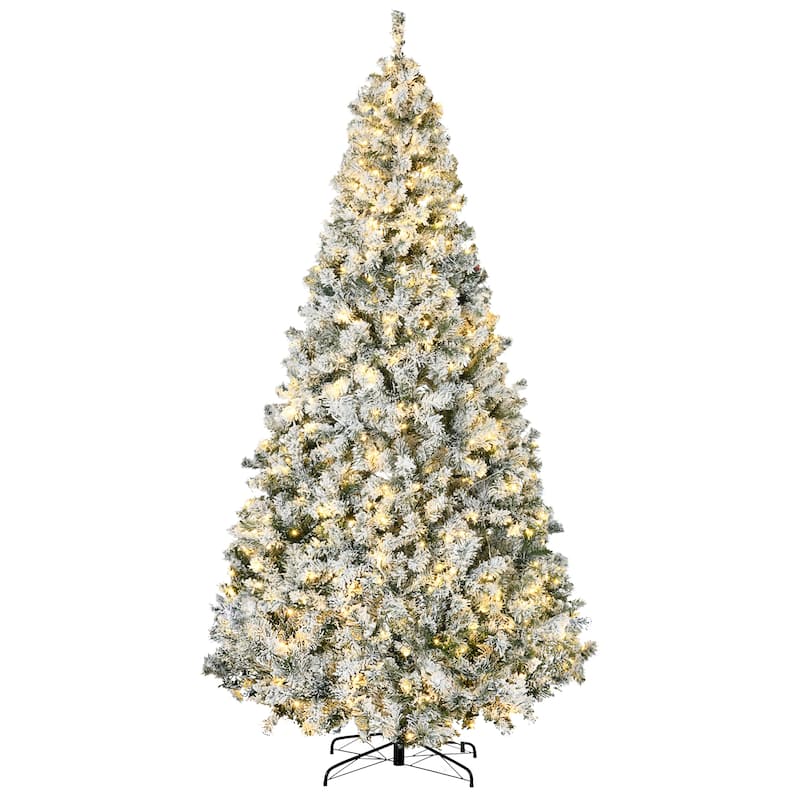 9ft Snow-Flocked Pre-Lit Christmas Tree with Warm White LED Lights and 600 Lights - Green