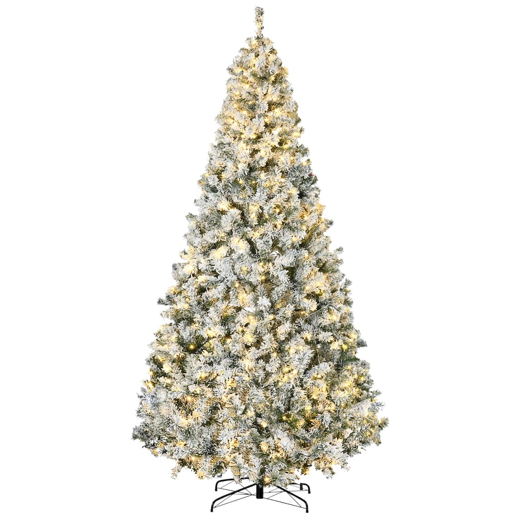 9ft Tall Prelit Artificial Christmas Tree Holiday Décor with 1868 Snow Flocked Branches, 600 Warm White LED Lights - Green