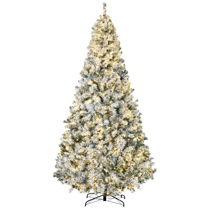 9ft Tall Prelit Artificial Christmas Tree Holiday Décor with 1868 Snow Flocked Branches, 600 Warm White LED Lights - Green - Green