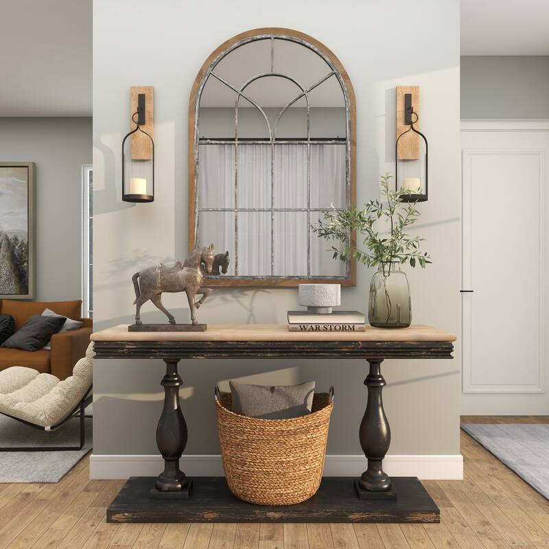 Brown Wood Wall Sconce with Suspended Black Metal and Glass Holder - 6 x 6 x 23