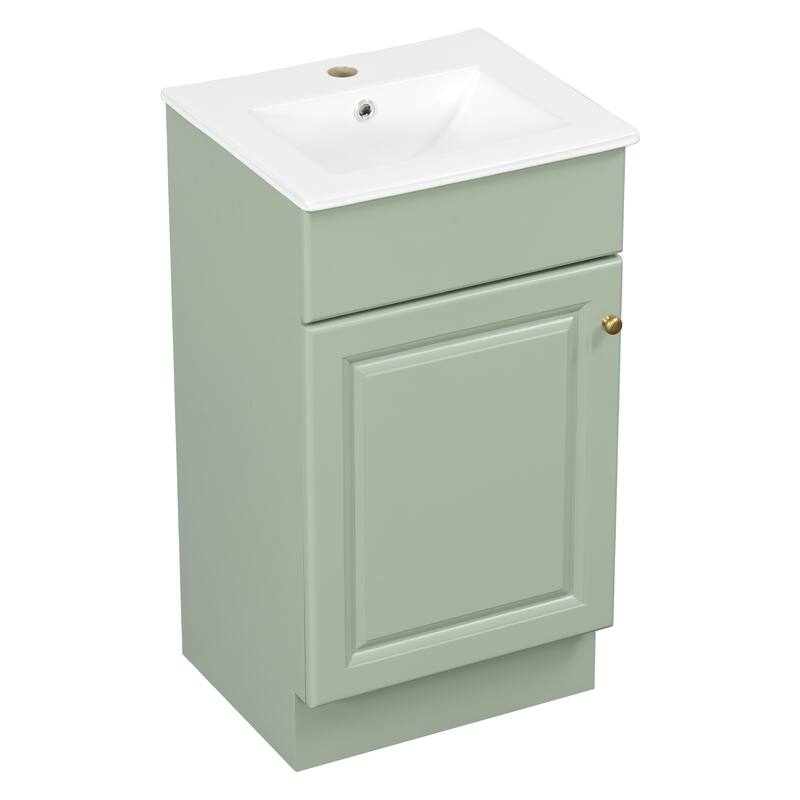 18" Small Bathroom Vanity with Ceramic Sink, Light Green Vanity Cabinet with Adjustable Shelf - 18 Inch