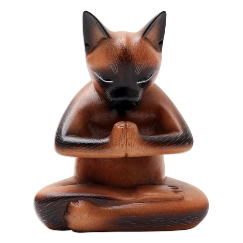 Novica Handmade Devout Feline Wood Statuette
