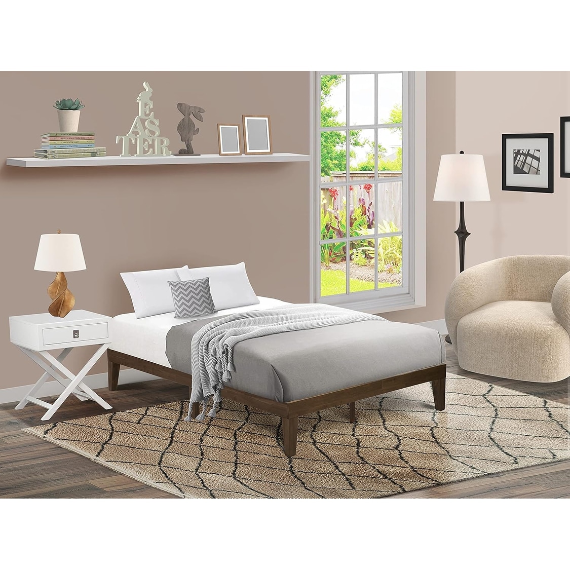 Full Size Platform Bed with Solid Wood Legs and Walnut Finish