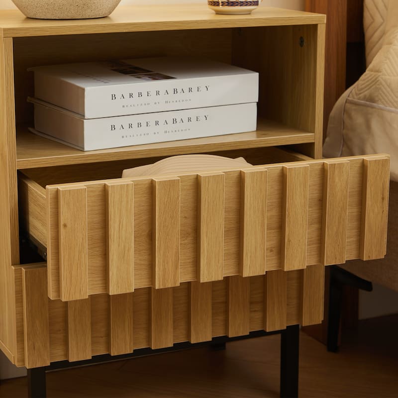 Mid Century Woodgrain Nightstand Pair 2 Drawers Bedside Table