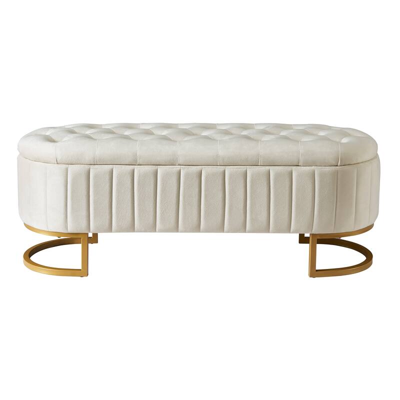 Elegant Velvet Storage Ottoman with Button-Tufted Top, Metal Legs