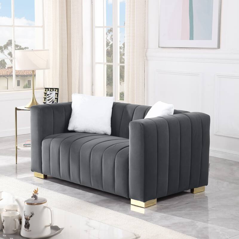 Grey Velvet Loveseater Channel Sofa with Plush Foam Cushions