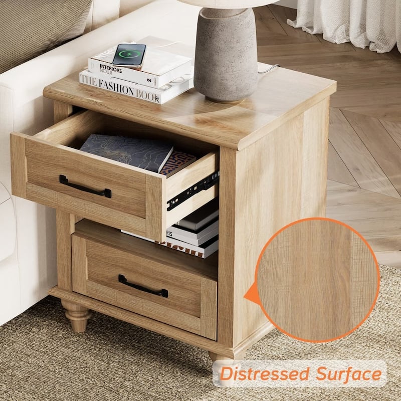 Farmhouse Nightstand Bedside Table, Wood 2-Drawer Side Table