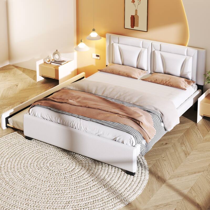 White Queen Size Upholstered Platform Bed with Headboard and Twin Size Trundle