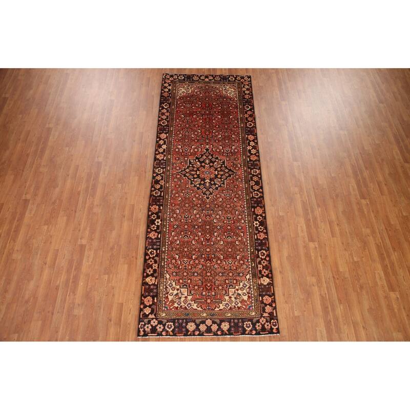 Hand Knotted Oriental 100% Wool Carpet Traditional Medallion Red Hamedan Runner Rug - 11' 0'' X 4' 0''