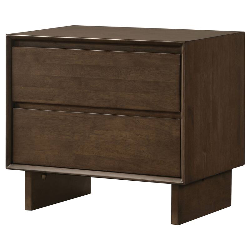 Warm Brown 2-Drawer Nightstand with Felt Lined Top Drawer, Mitered Trim, Wide Legs and Modern Wood Grain