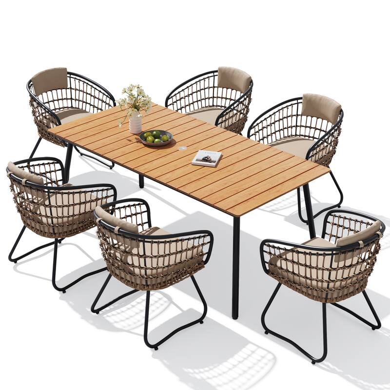 7-Piece Outdoor Patio Dining Set Wood-Like Table Top Alumium Umbrella Hole Table with Rattan Chairs