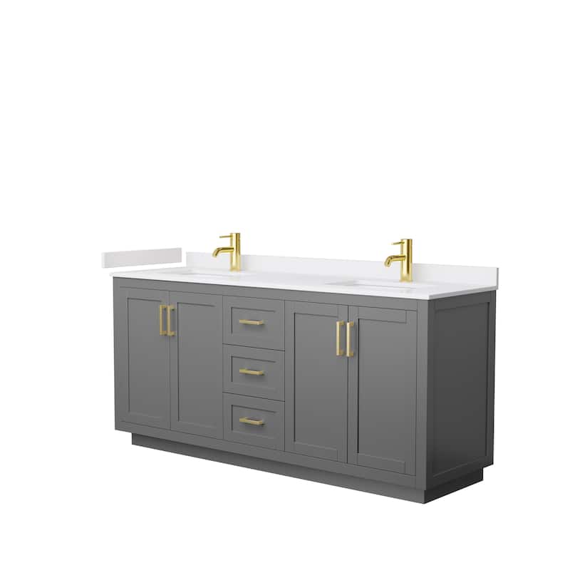Miranda Double Vanity Set, Cultured Marble Top, No Mirror - 72-Inch Double - Dark Gray, Gold Trim, White Cultured Marble Top