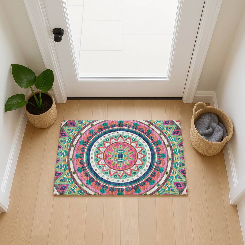 Machine Washable Indoor/ Outdoor Boho Mosaic Chantille Rug