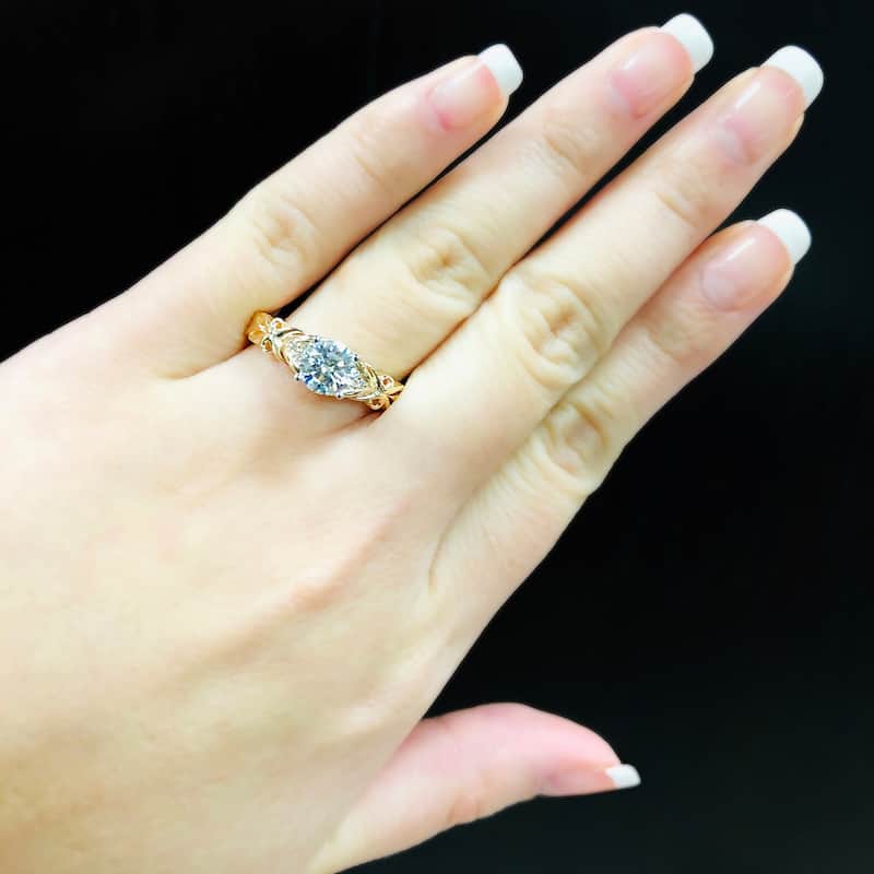 Auriya 14k Gold Carved 1ct Moissanite and Diamond Engagement Ring 1/10ctw