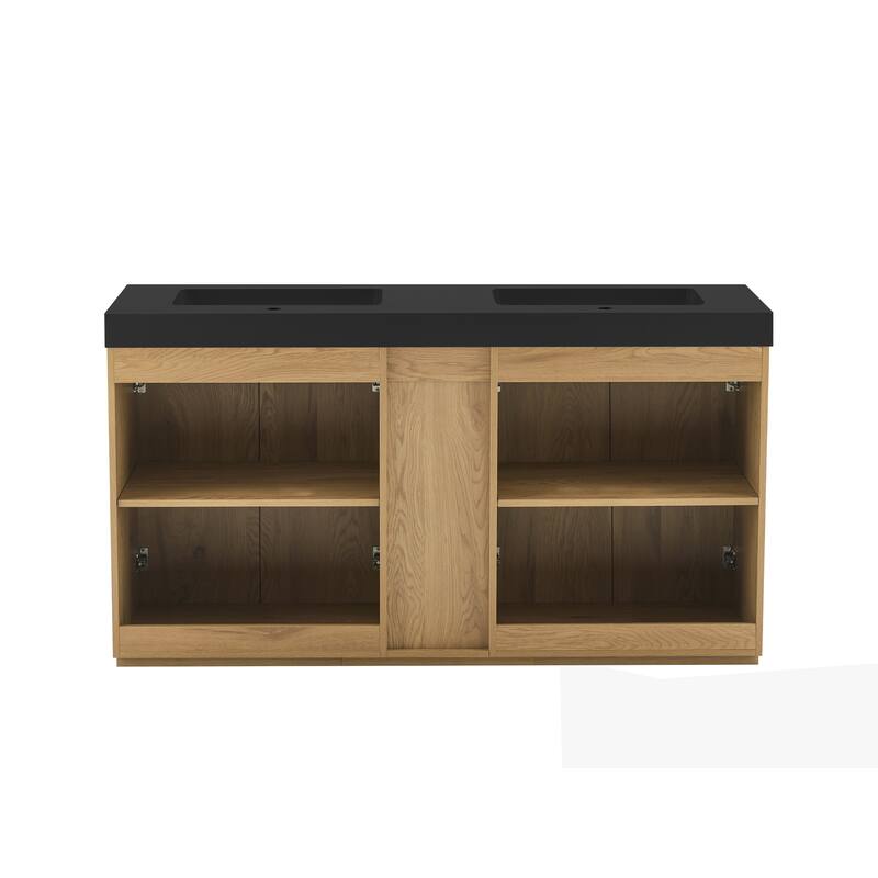 GDFStudio - Galan 60" Freestanding Bathroom Vanity with Quartz Sink, Solf Close Doors, Open Storage Shelf, NO Drain & Faucet