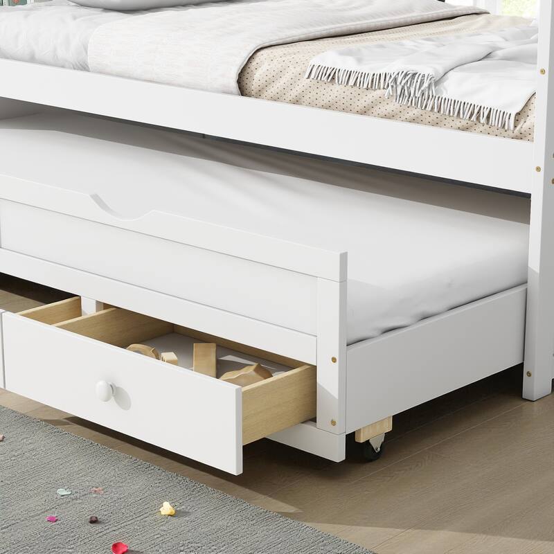 Twin Size Bed with Headboard, Footboard, Trundle, and Three Storage Drawers, Solid Pine Wood Twin Bed Frame with Storage