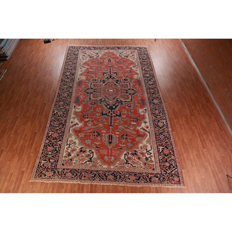 Pre-1900 Antique Vegetable Dye Heriz Serapi Persian Large Wool Carpet - 10'10"x 18'3"