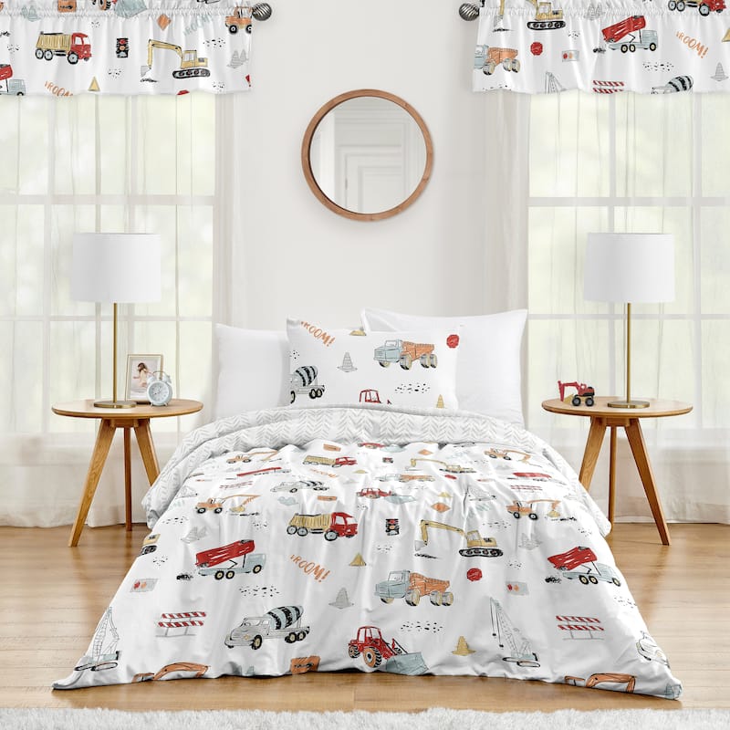Sweet Jojo Designs Construction Truck Boy 2pc Twin Comforter Set - Grey Yellow Orange Red Blue Transportation Chevron