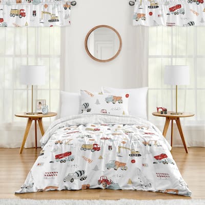 Sweet Jojo Designs Construction Truck Boy 2pc Twin Comforter Set - Grey Yellow Orange Red Blue Transportation Chevron