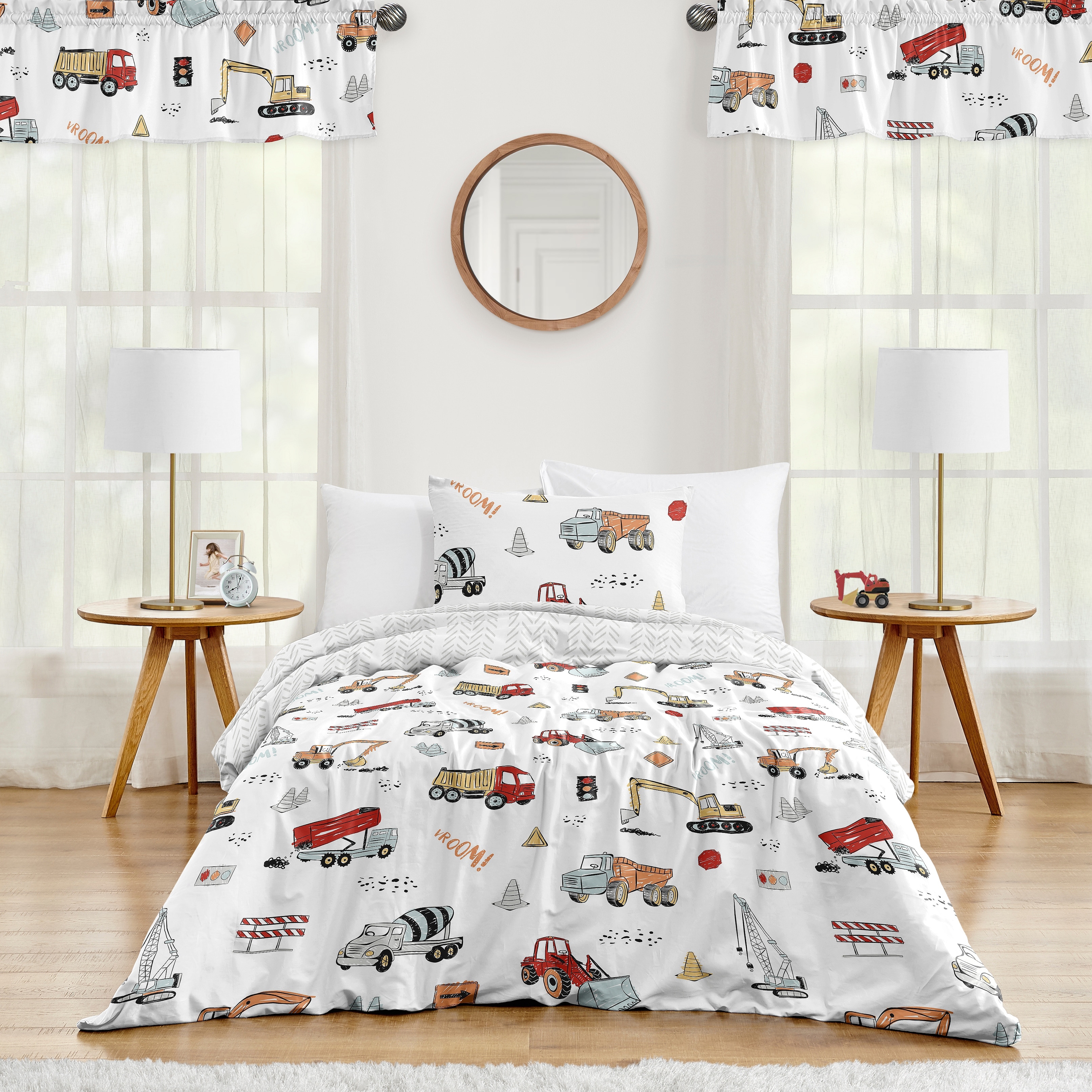 Sweet Jojo Designs Construction Truck Boy 2pc Twin Comforter Set - Grey Yellow Orange Red Blue Transportation Chevron