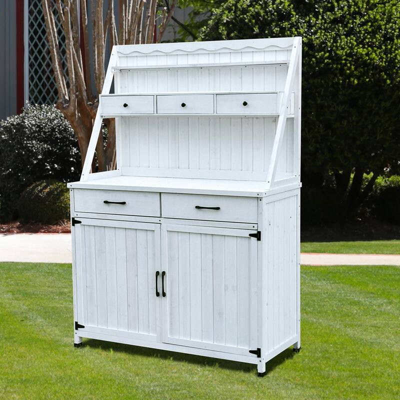Farmhouse Potting Bench with Storage Cabinet & Removable Shelf - White
