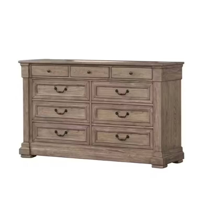Roi Wide Dresser, 62 Inch, 9 Dovetail Drawers, Weathered Gray