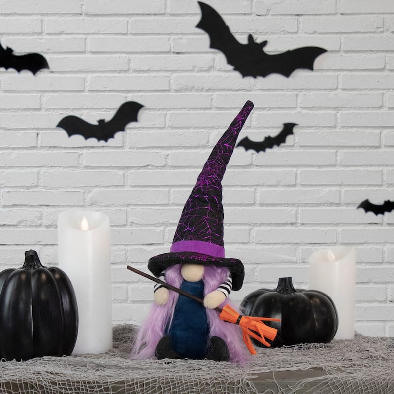 Gnome Witch with Broom and Pointy Hat Halloween Figure - 14" - Black and Purple