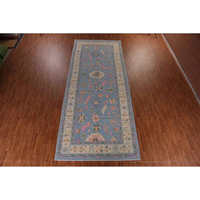 Hand Knotted Oriental 100% Wool Carpet Transitional All-Over Navy Blue & Blues Oushak Area Rug - 17' 10'' X 7' 2''
