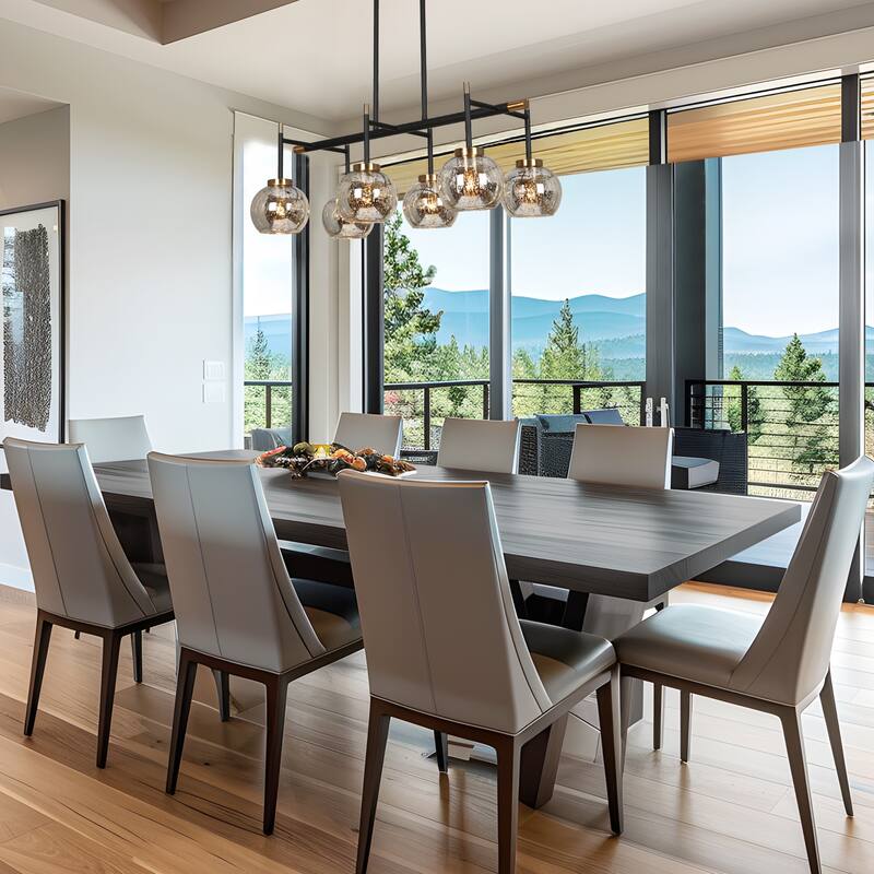 Modern Farmhouse 6-Light Black Gold Linear Chandelier Island Lights with Mercury Glass - 27.5" L x 14.5" W x 10" H