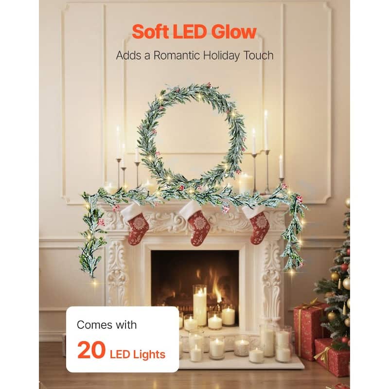 Snowy Green LED Lighted Christmas Garland with Olive Leaves and Vine Berries for Stairs and Mantels