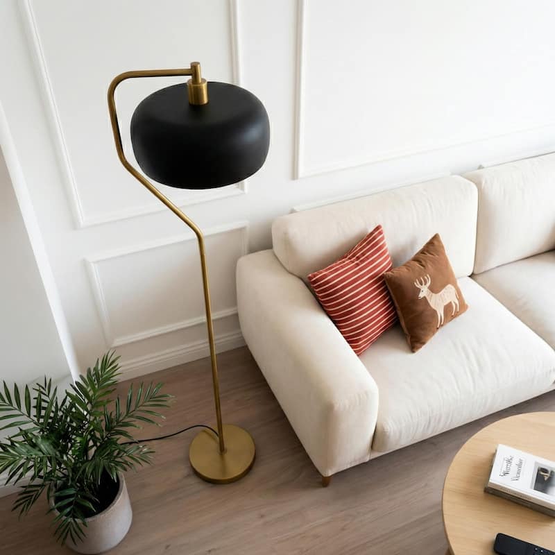 Tute Modern Floor Lamp with Curved Gold Base and Black Drum Shade